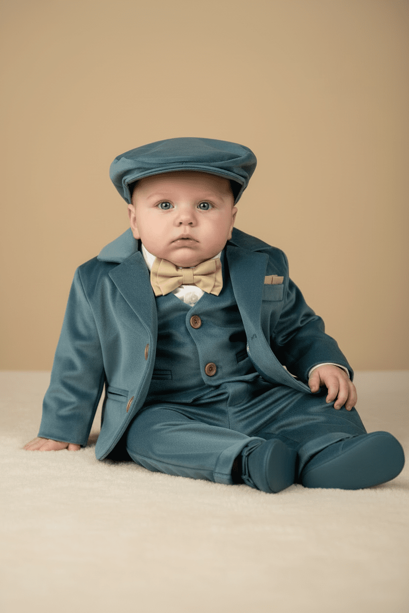 Costum elegant pentru bebe verde din catifea - Kids Magazin