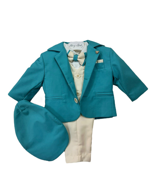Costum elegant turqaz cu detalii crem potrivit pentru bebeluș - Kids Magazin