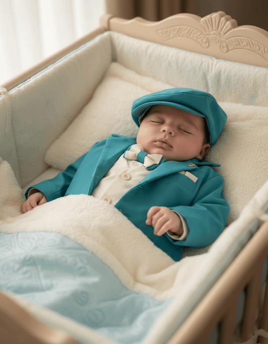 Costum elegant turqaz cu detalii crem potrivit pentru bebeluș - Kids Magazin