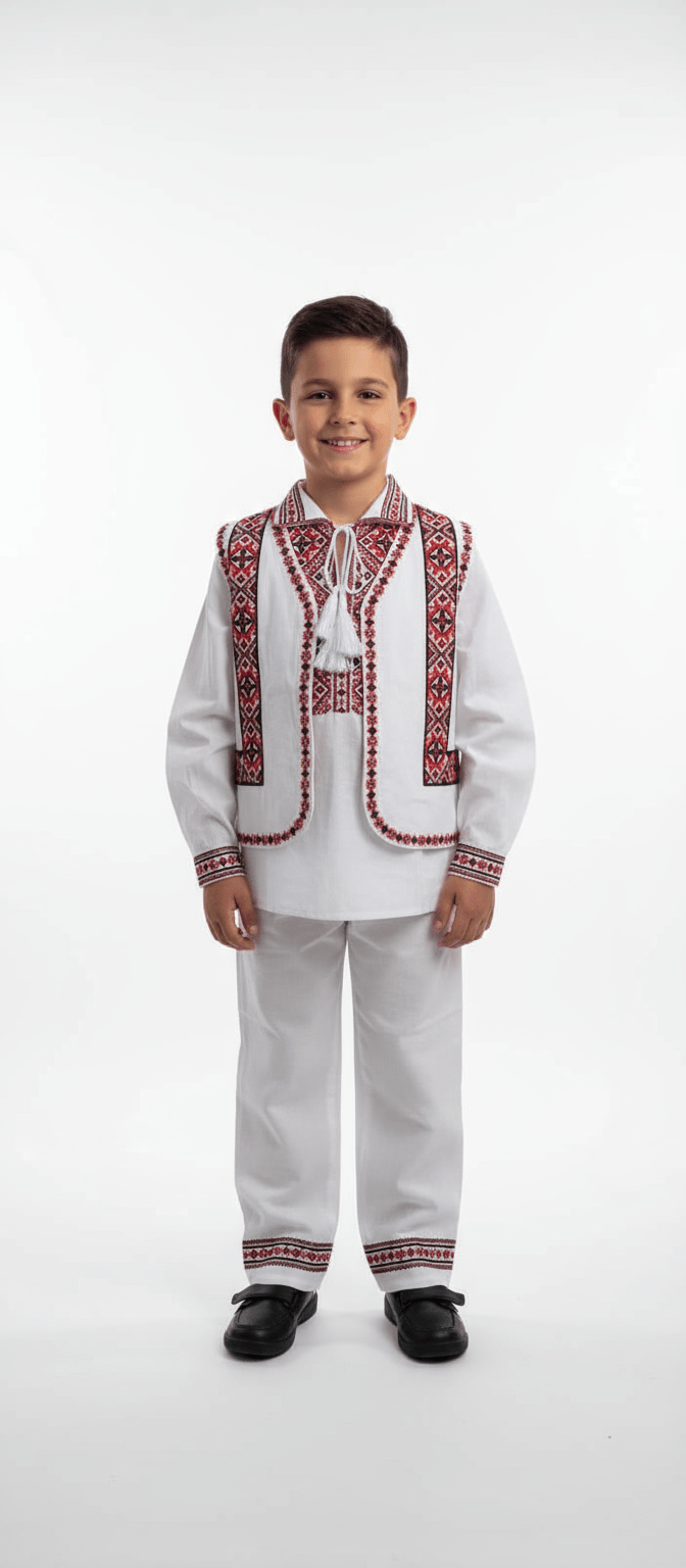Costum tradițional brodat cu roșu pentru băiat - Kids Magazin