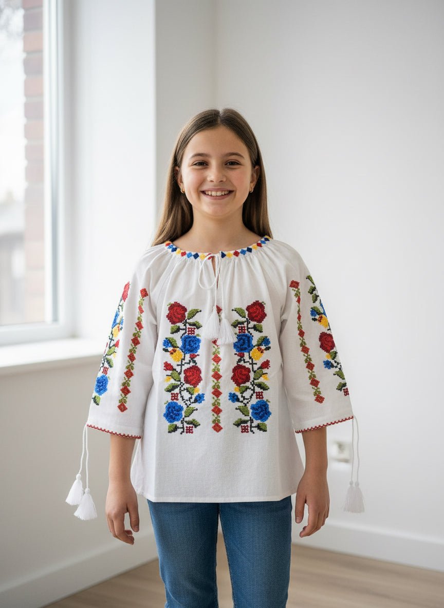 Ie pentru fete cu model floral - Trandafiri tricolor - Kids Magazin