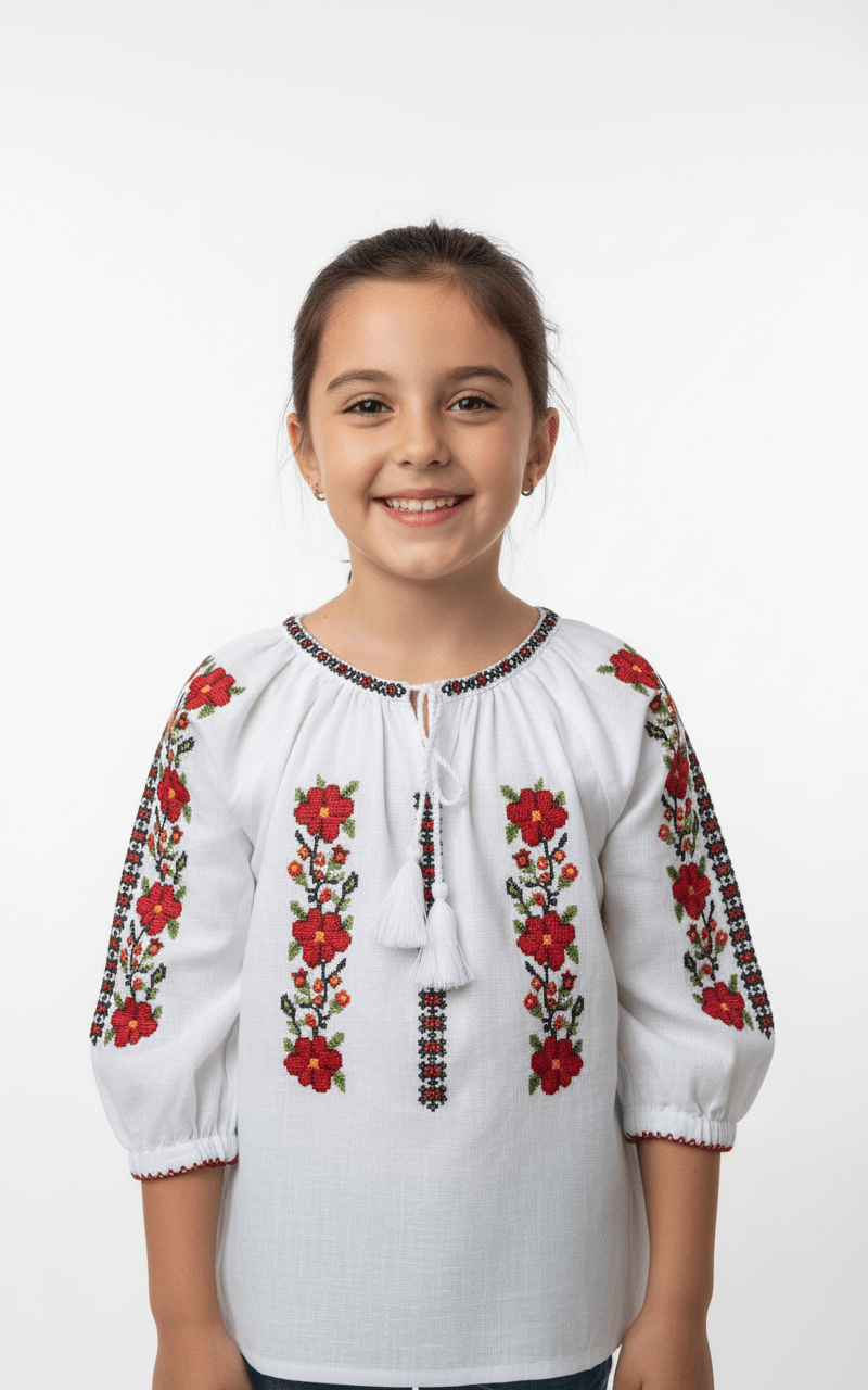 Ie tradițională cu model floral pentru fete - Kids Magazin