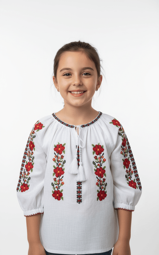 Ie tradițională cu model floral pentru fete - Kids Magazin