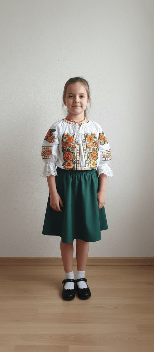 Ie tradițională pentru fete cu imprimeu floral portocaliu - Kids Magazin