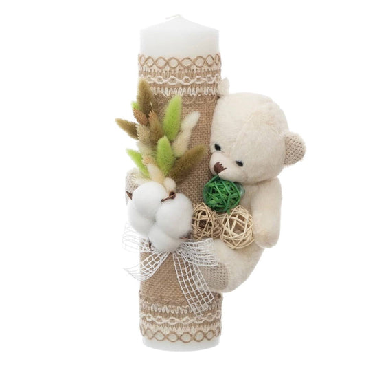 Lumânare decorata cu Ursuleț și Flori de Câmp - Verde - Kids Magazin