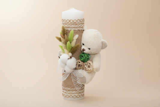 Lumânare decorata cu Ursuleț și Flori de Câmp - Verde -