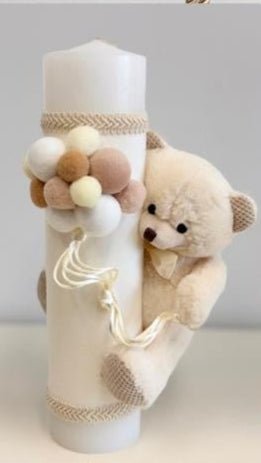 Lumânare decorativă cu ursuleț și balonașe crem pastel - Kids Magazin