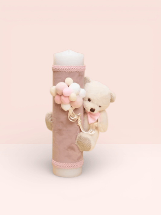 Lumânare decorativă cu ursuleț și balonașe roz pastel - Kids Magazin