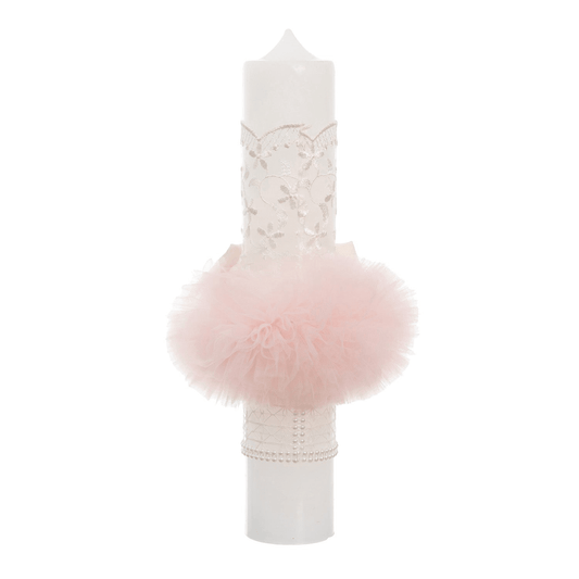 Lumanare pentru botez cu tull roz si fundita crem - Kids Magazin