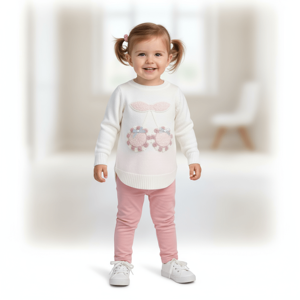 Pulover alb din tricot fin cu cirese - Kids Magazin