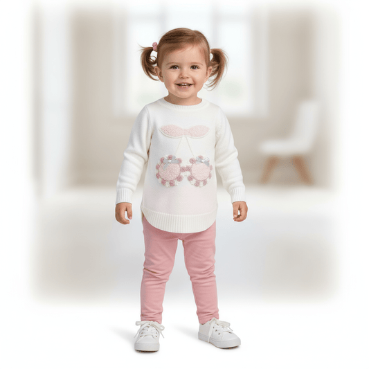Pulover alb din tricot fin cu cirese - Kids Magazin