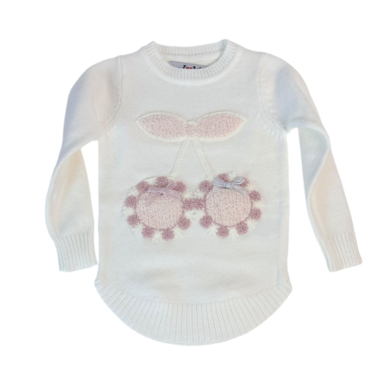 Pulover alb din tricot fin cu cirese - Kids Magazin