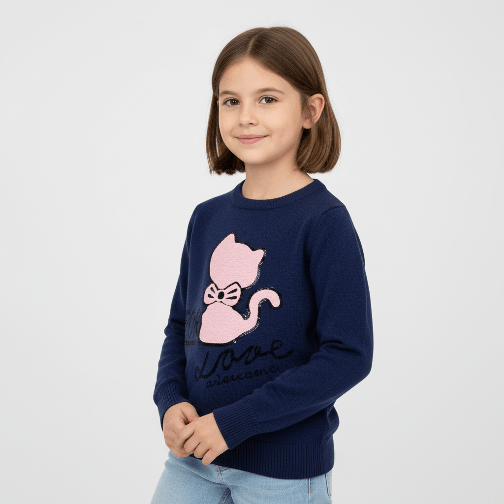 Pulover din tricot fin bleomari cu pisicuță - Kids Magazin