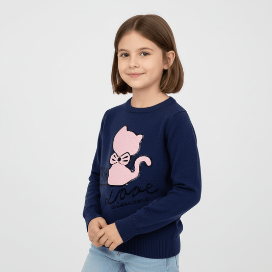 Pulover din tricot fin bleomari cu pisicuță - Kids Magazin