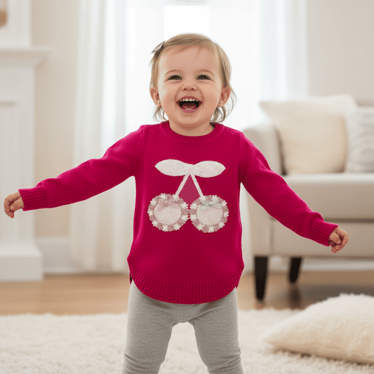 Pulover fuchsia din tricot fin cu cirese - Kids Magazin