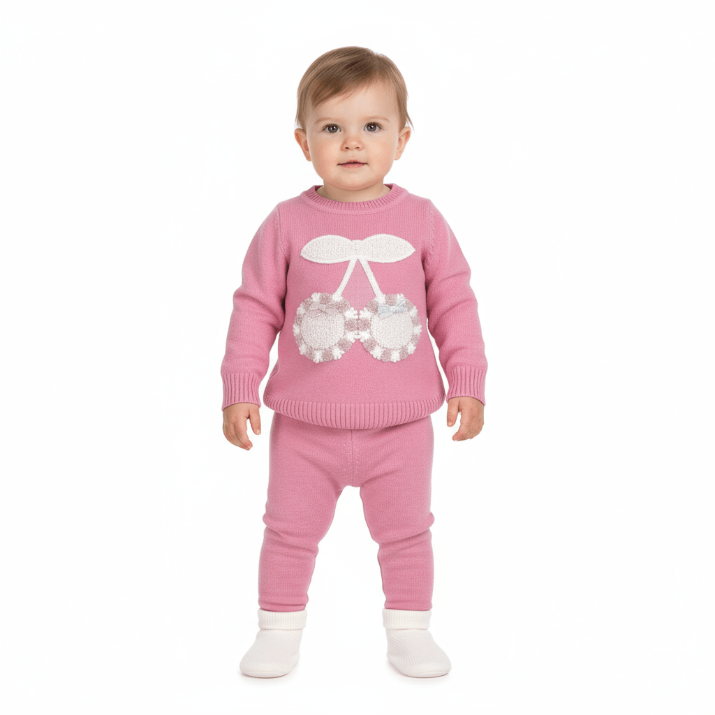 Pulover roz din tricot fin cu cirese - Kids Magazin