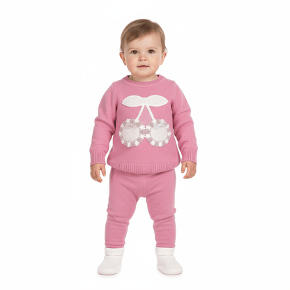 Pulover roz din tricot fin cu cirese - Kids Magazin