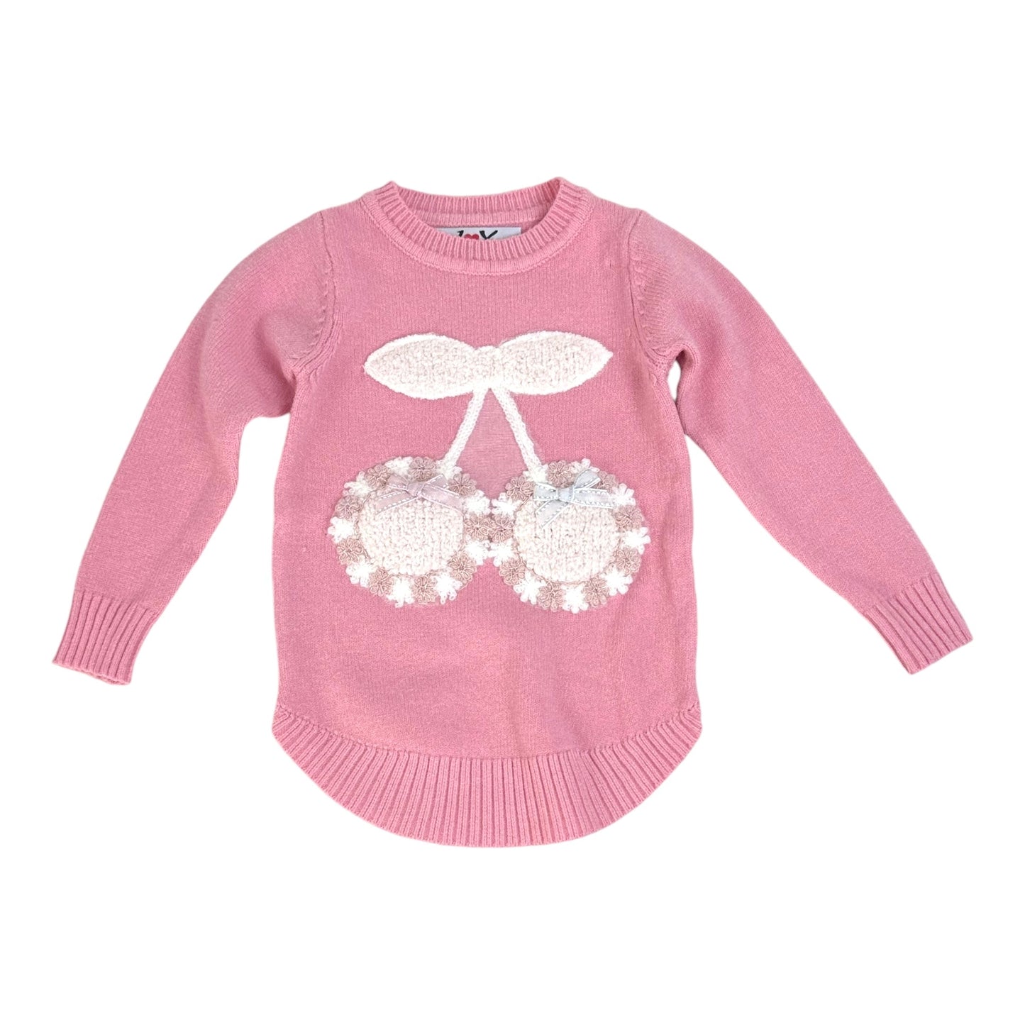 Pulover roz din tricot fin cu cirese - Kids Magazin