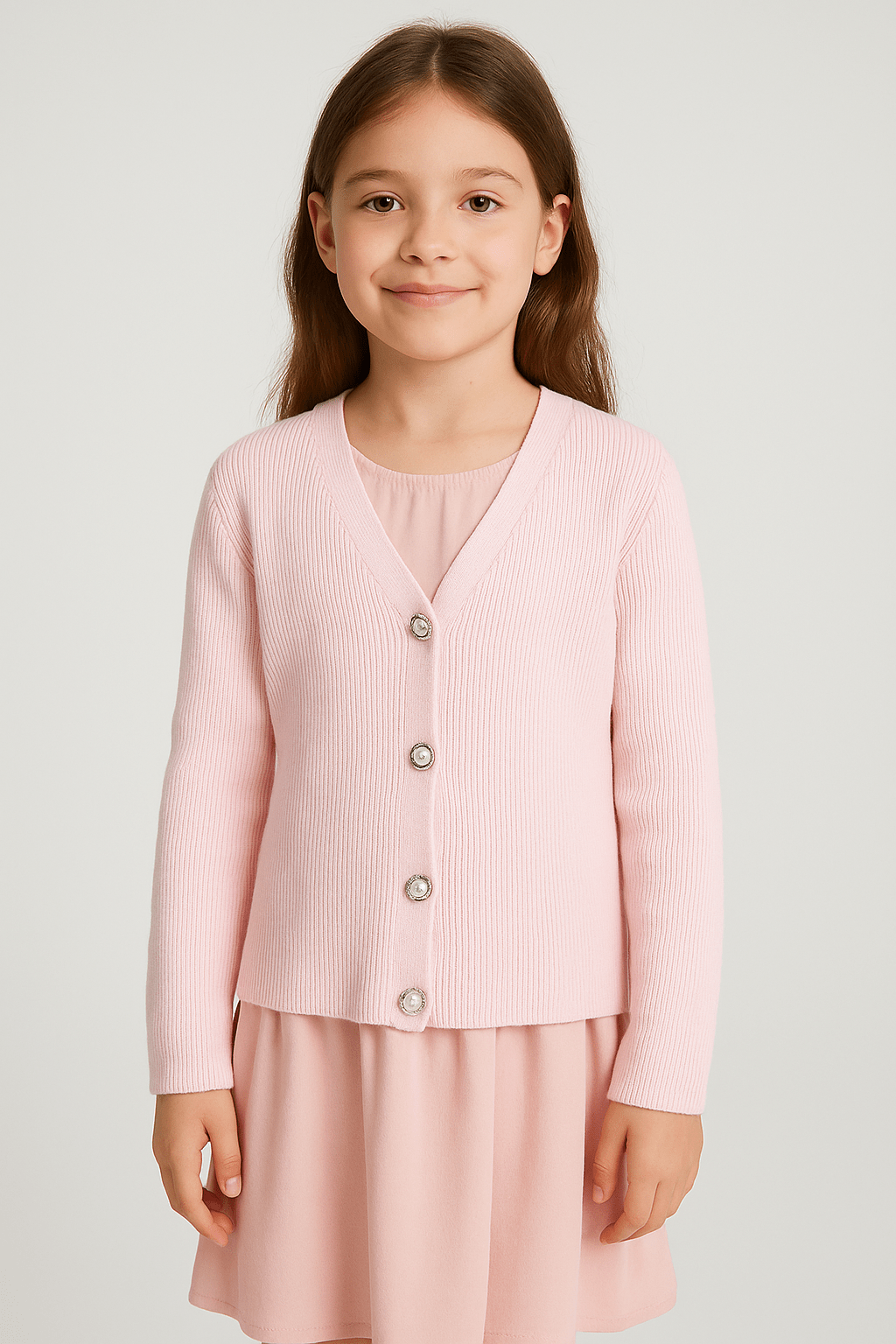 Pulover roz striat cu nasturi eleganți - Kids Magazin