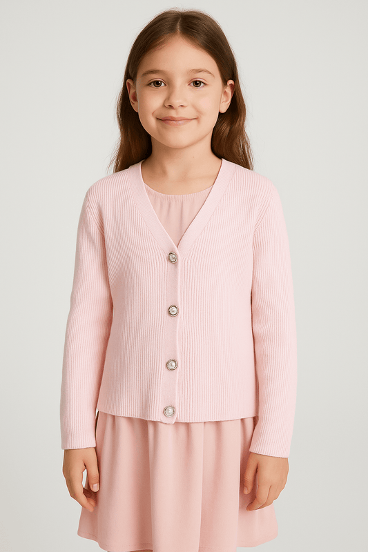 Pulover roz striat cu nasturi eleganți - Kids Magazin