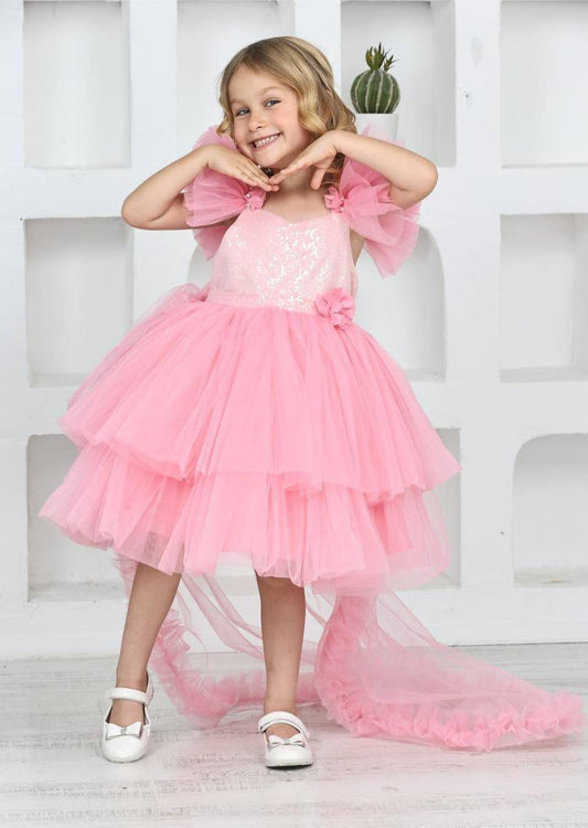 Rochie eleganta roz barbie cu trena 6550 - Kids Magazin