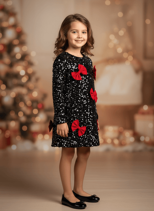 Rochie neagră cu paiete și fundițe roșii - Kids Magazin
