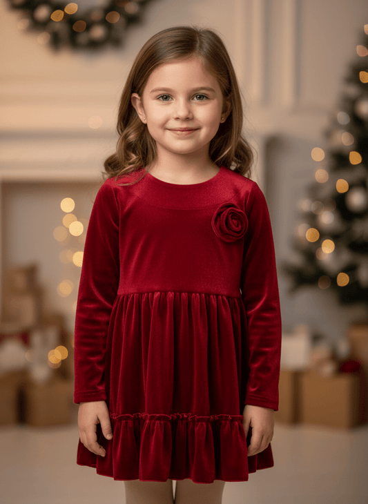 Rochie roșie din catifea cu broșă trandafir - Kids Magazin