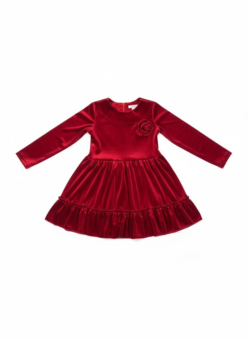 Rochie roșie din catifea cu broșă trandafir - Kids Magazin