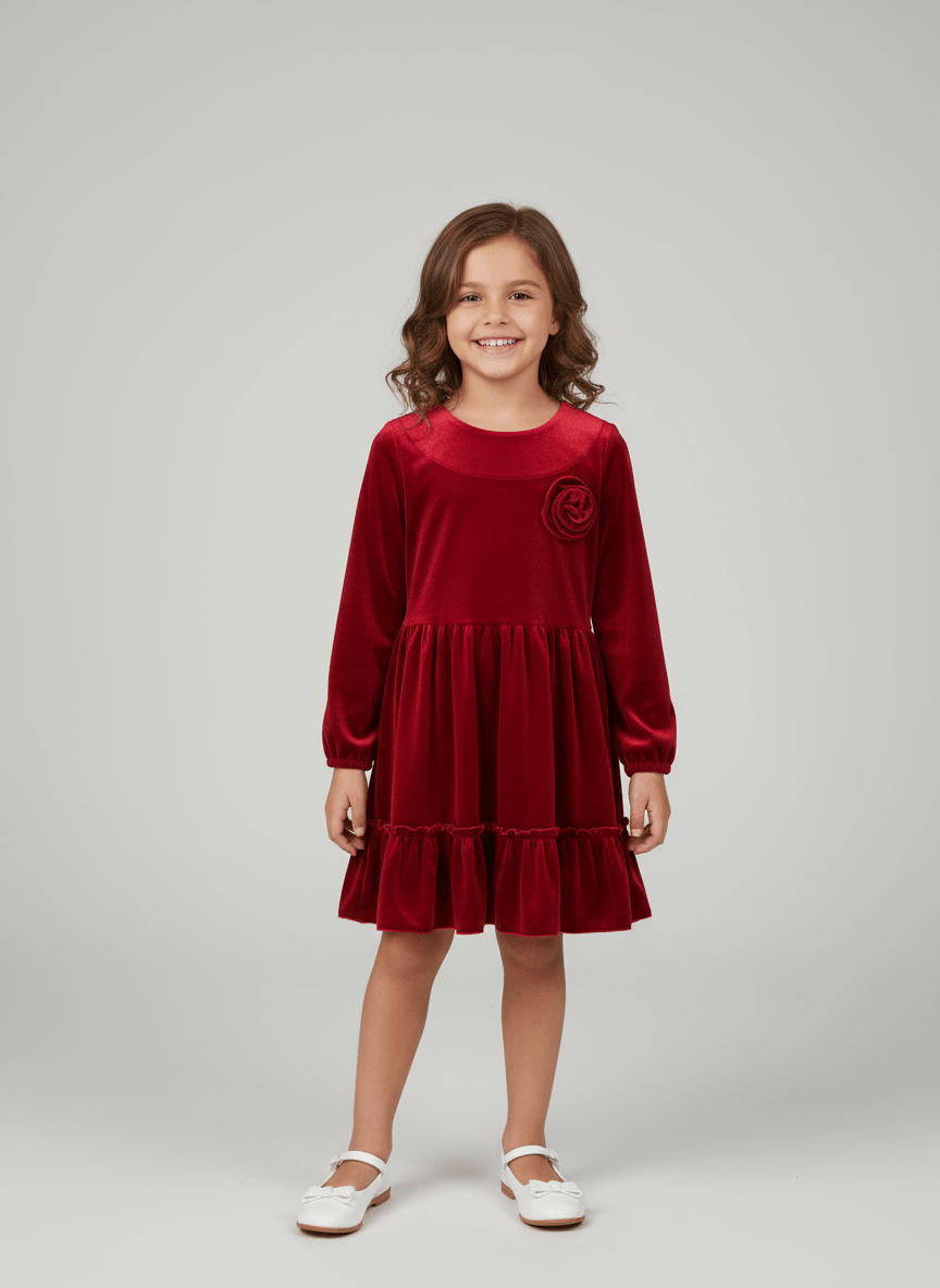Rochie roșie din catifea cu broșă trandafir - Kids Magazin