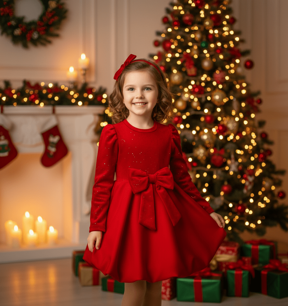 Rochie roșie din catifea cu fustă amplă - Kids Magazin