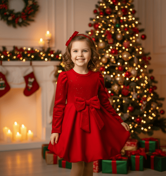 Rochie roșie din catifea cu fustă amplă - Kids Magazin