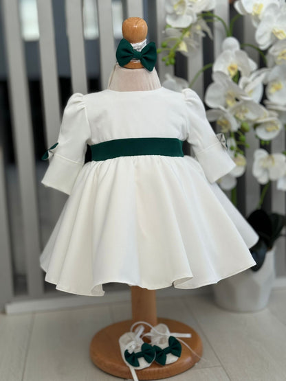 Rochiță elegantă albă cu funda verde - Kids Magazin