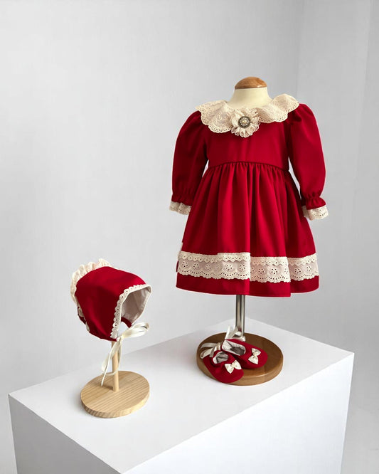 Rochiță Elegantă Botez Fete Roșie cu Bonetă și Balerini – Mărimi 3 - 9 Luni - Kids Magazin
