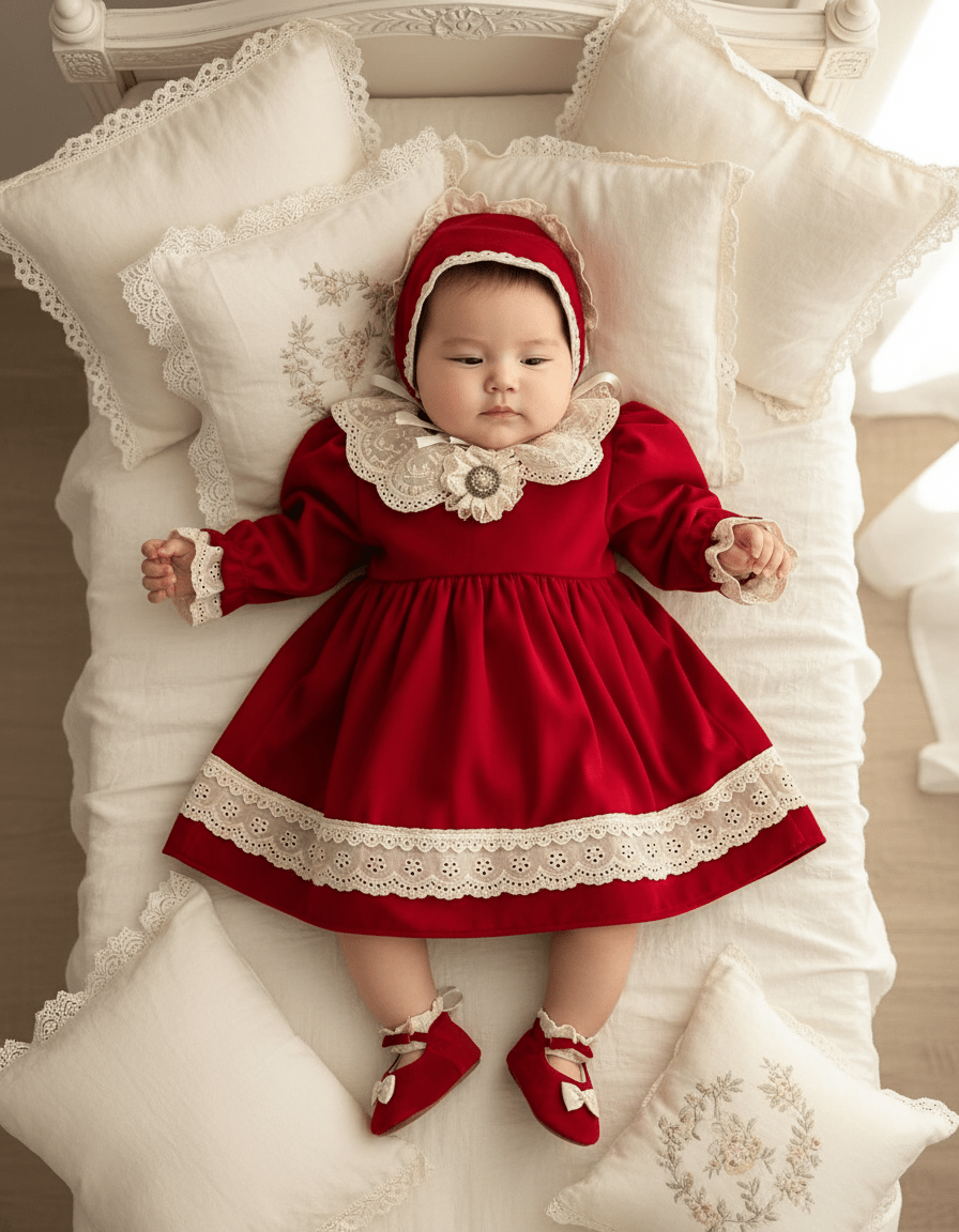 Rochiță Elegantă Fete Roșie cu Bonetă și Balerini – Mărimi 3 - 9 Luni - Kids Magazin