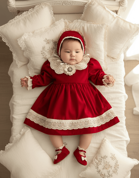 Rochiță Elegantă Fete Roșie cu Bonetă și Balerini – Mărimi 3 - 9 Luni - Kids Magazin