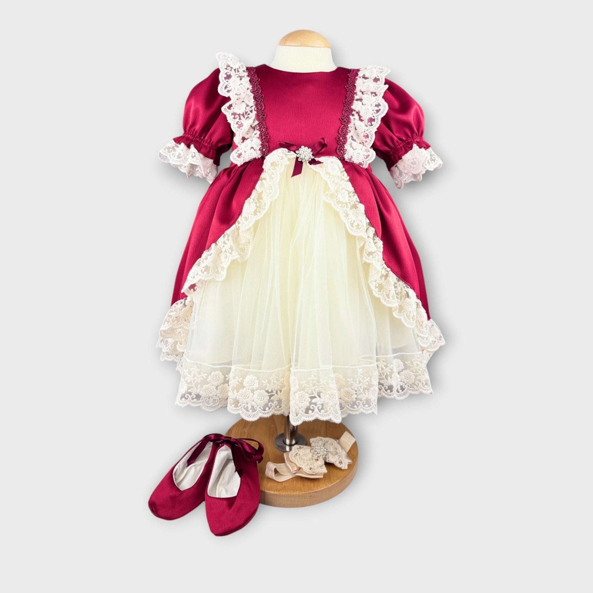 Rochiță elegantă fetiță în nuanțe grena și ivoire, cu balerini și bentiță - Kids Magazin
