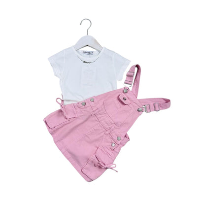 Sarafan de blugi roz și tricou alb - Kids Magazin