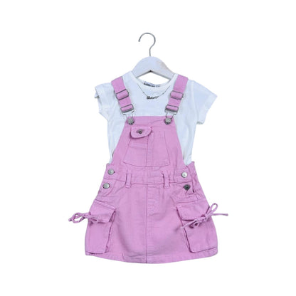 Sarafan de blugi roz și tricou alb - Kids Magazin