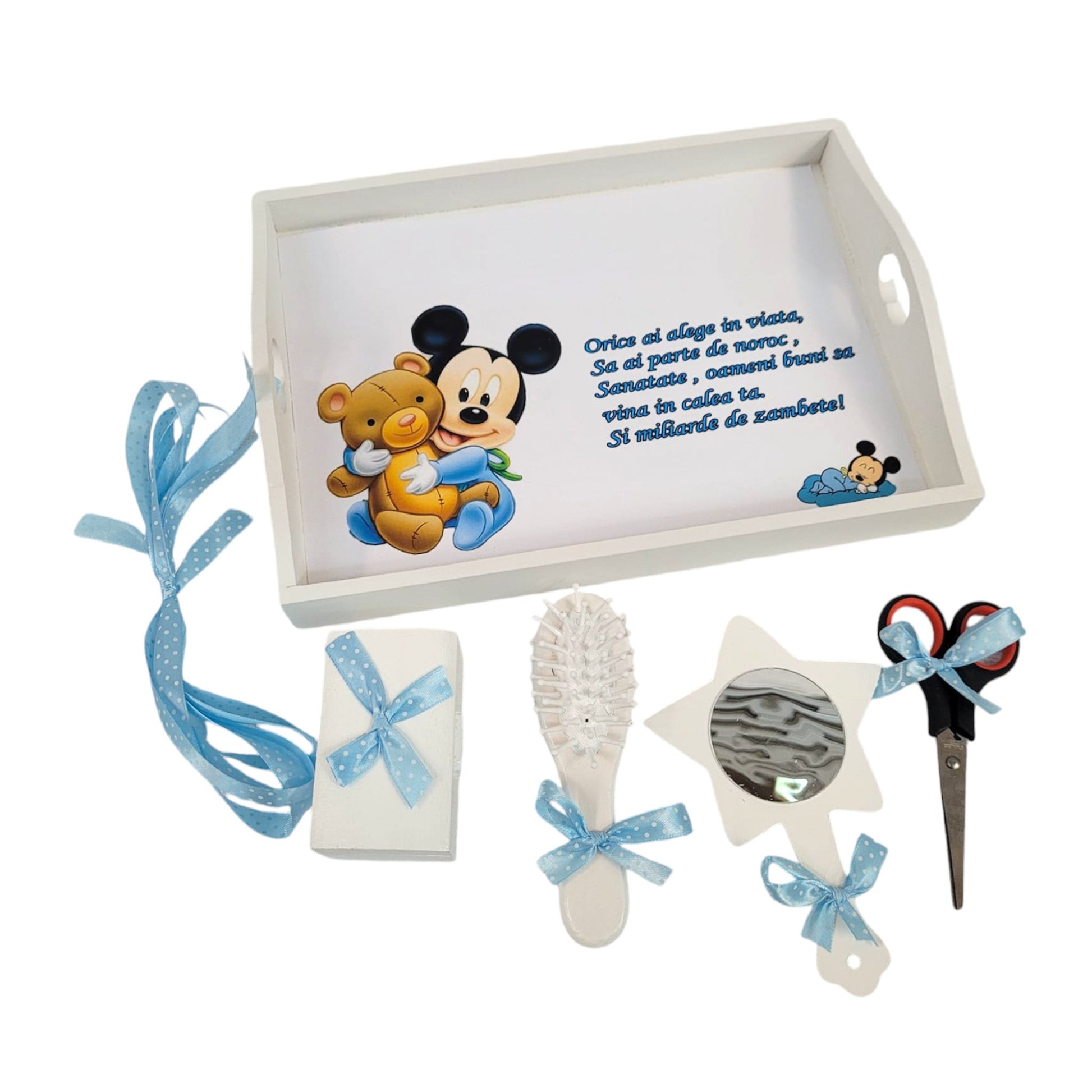 Set tava pentru taiere mot la baieti, Mikey cu ursulet, tava alba cu accesorii bleu, 6 piese, 35x20 cm - Kids Magazin