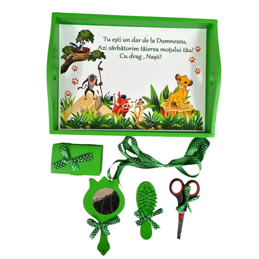 Set tava pentru taiere mot la baieti, model Regele Leu, verde, 6 piese, 35x20 cm - Kids Magazin