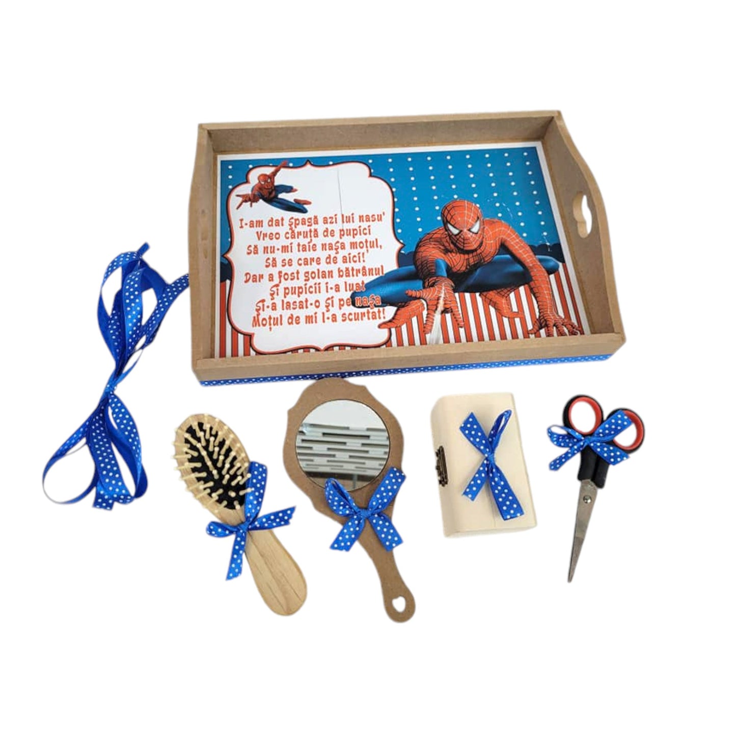 Set tava pentru taiere mot la baieti, model Spider - Man, albastru, 6 piese, 35x20 cm - Kids Magazin