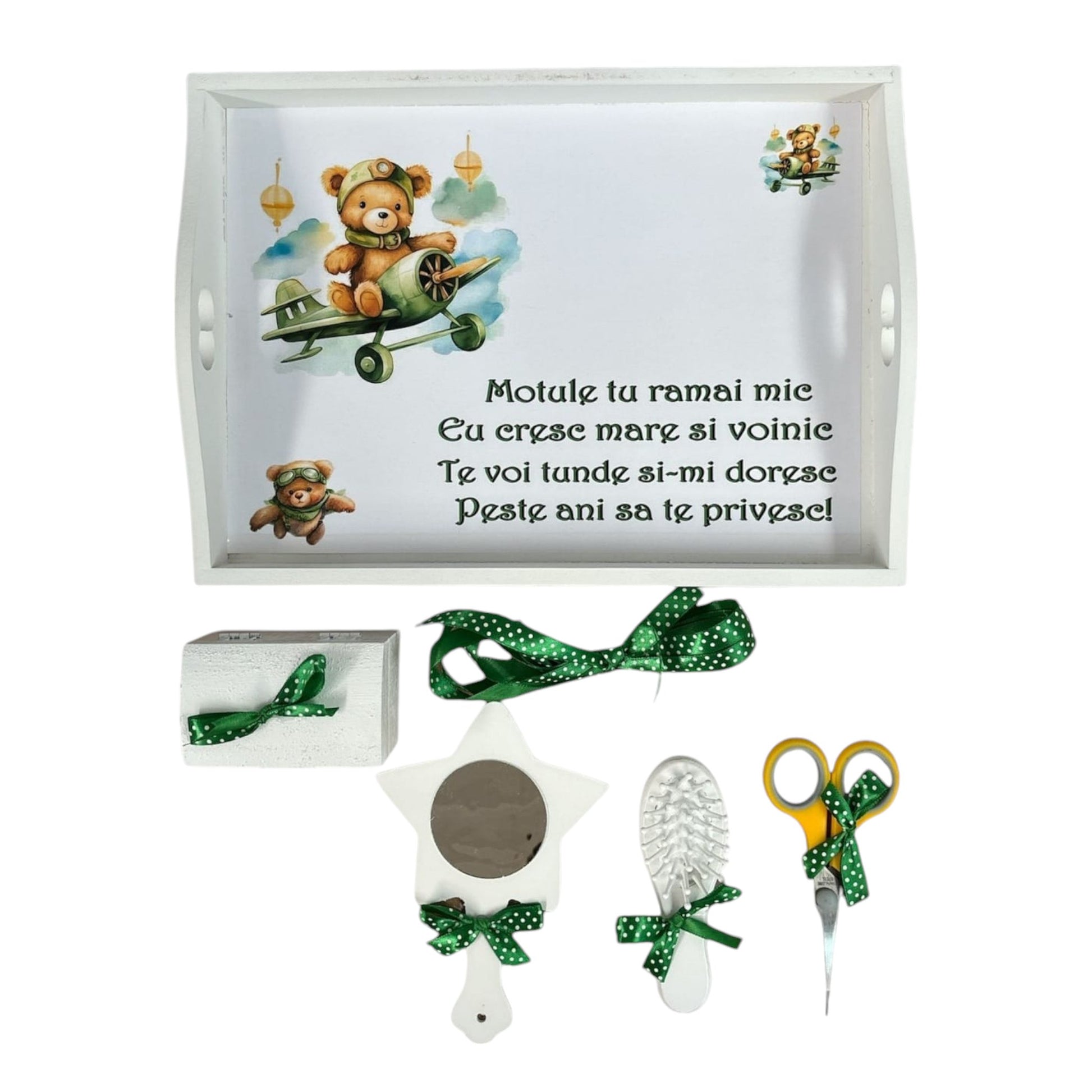 Set tava pentru taiere mot la băieți, model Ursulet, alb, 6 piese, 35x20 cm - Kids Magazin