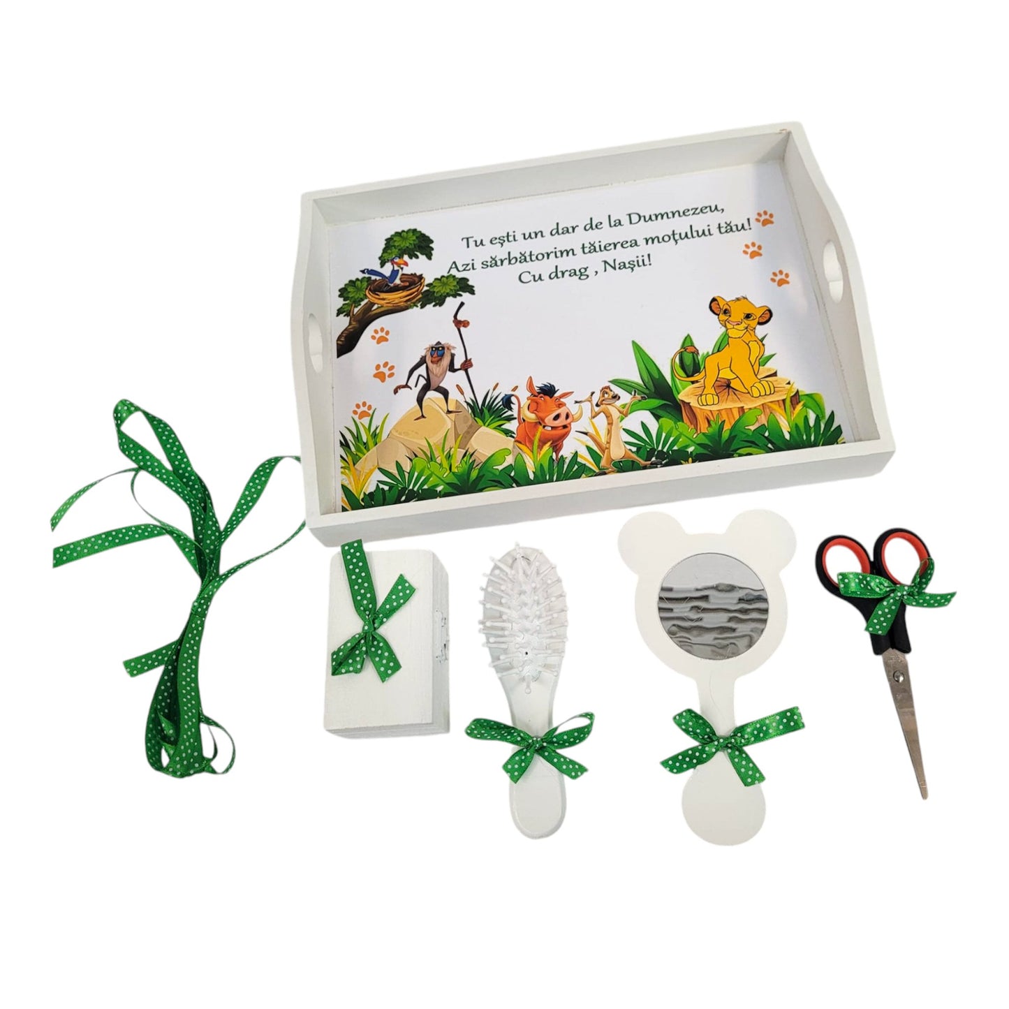 Set tava pentru taiere mot la baieti, Regele Leu, tava verde, 6 piese, 35x20 cm - Kids Magazin