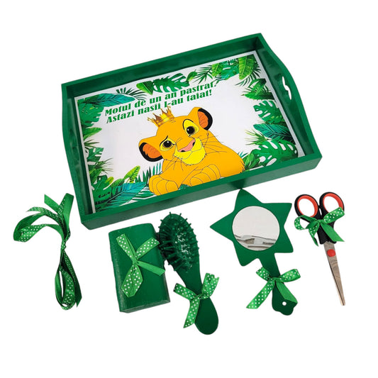 Set tava pentru taiere mot la baieti, Regele Leu, tava verde, 6 piese, 35x20 cm - Kids Magazin