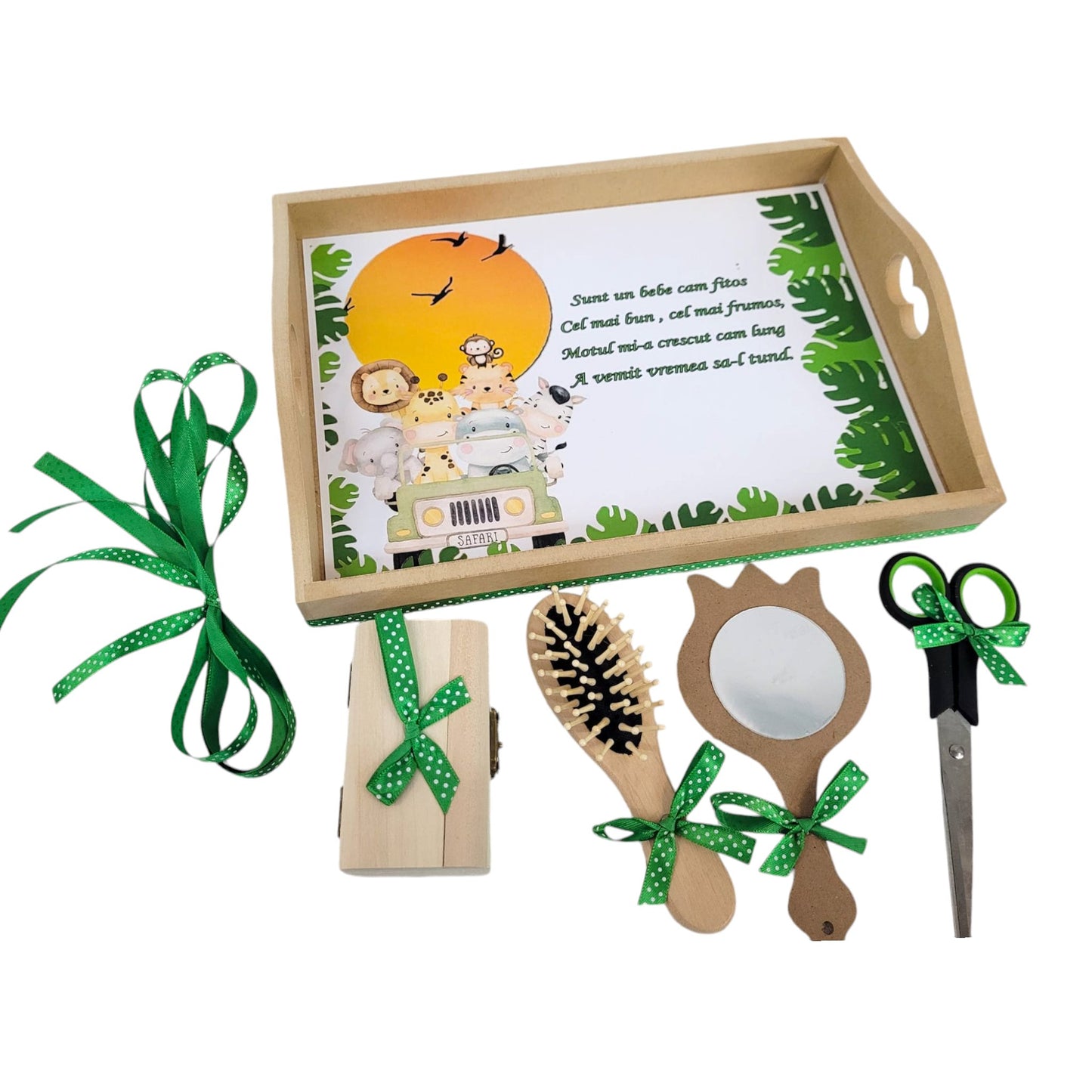 Set tava pentru taiere mot la baieti, Safari, tava natur cu accesorii verzi, 6 piese, 35x20 cm - Kids Magazin