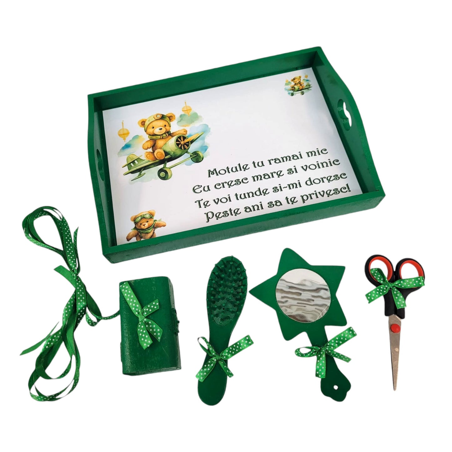 Set tava pentru taiere mot la baieti, Ursulet Aviator, tava verde cu accesorii verzi, 6 piese, 35x20 cm - Kids Magazin