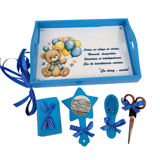 Set tava pentru taiere mot la baieti, Ursulet, tava bleu cu accesorii bleumarin, 6 piese, 35x20 cm - Kids Magazin