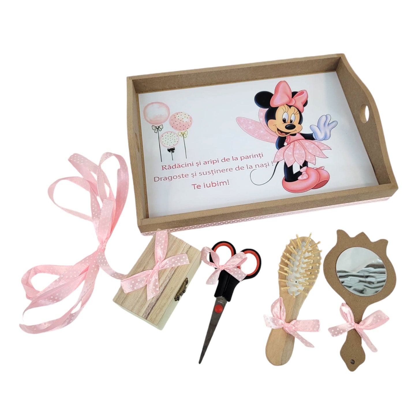 Set tava pentru taiere mot la fete, Minnie, tava natur cu accesorii roz, 6 piese, 35x20 cm - Kids Magazin