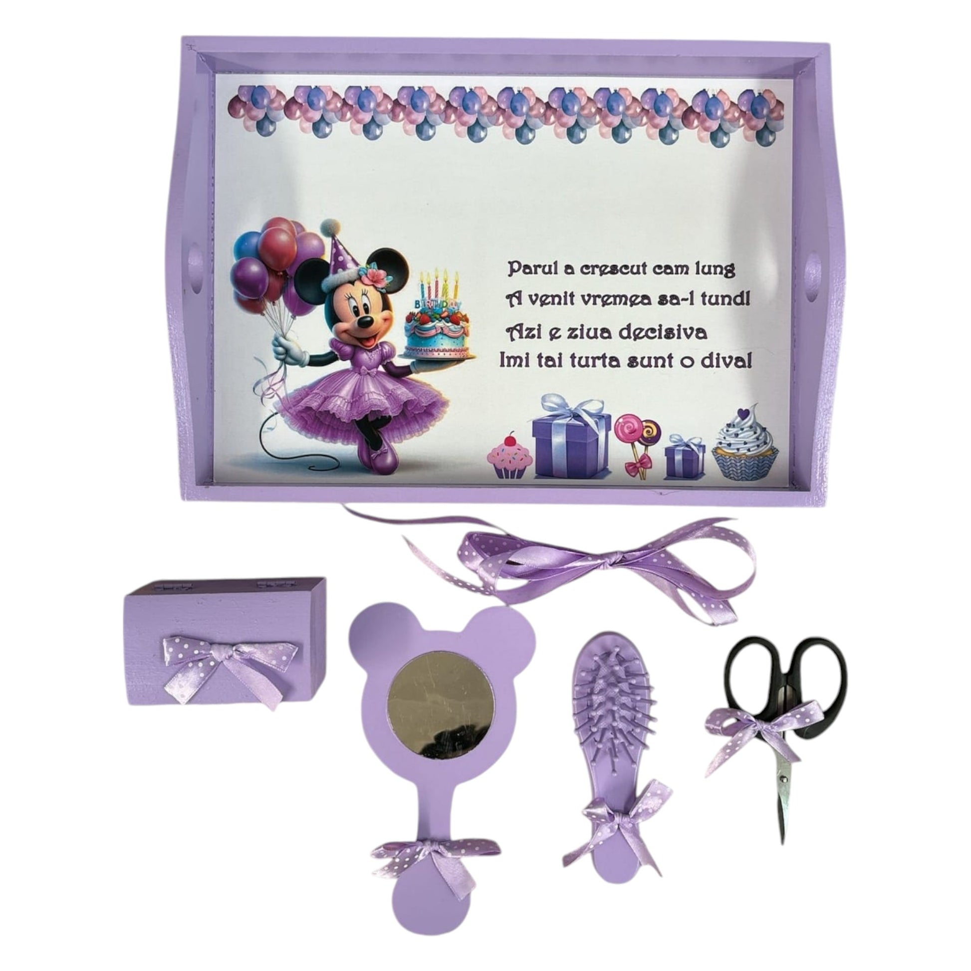 Set tava pentru taiere mot la fete, model Minnie, mov, 6 piese, 35x20 cm - Kids Magazin