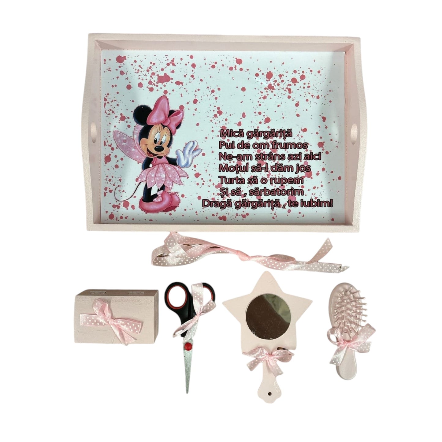 Set tava pentru taiere mot la fete, model Minnie, roz pal, 6 piese, 35x20 cm - Kids Magazin